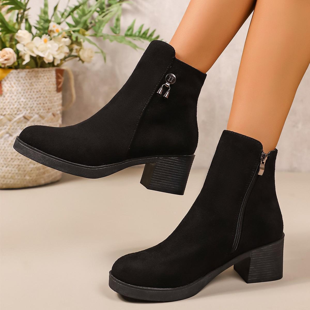 

2025 Autumn/Winter Women s Black Suede Chunky Heel Ankle Boots with Side Zipper – Versatile Mid-Heel for Commuting 36 чёрный
