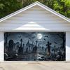 Polyester Halloween party banner garage door cover with patterns of Halloween cemetery pumpkin lanterns and crows.PMJ