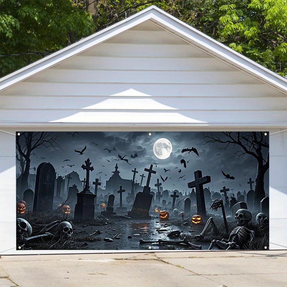 Polyester Halloween party banner garage door cover with patterns of Halloween cemetery pumpkin lanterns and crows.PMJ