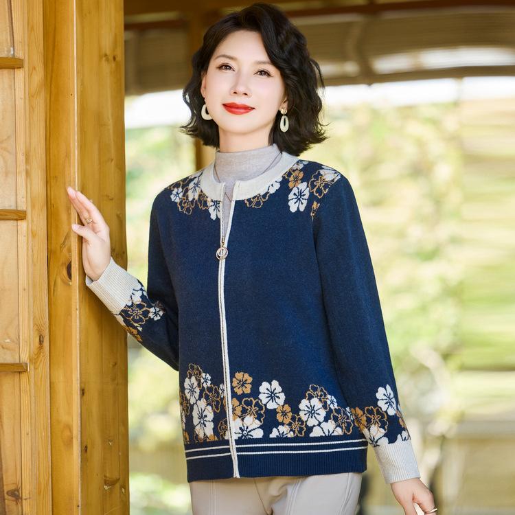 Senior Grandma Autumn New Cardigan Top Fashionable Mother Dress Middle-aged and Elderly Knitted Sweater Autumn Sweater Jacket