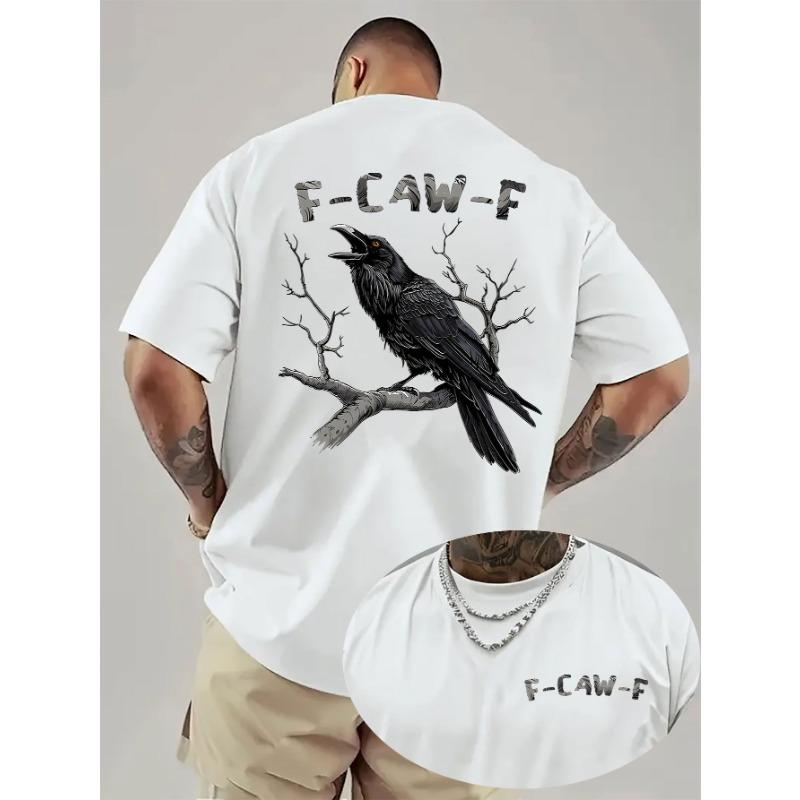 

European sizes Mysterious Summer Style! Men S Casual T-Shirt Featuring a Crow Pattern with F-CAW-F Text Print! Slightly Stretchy, Regular Fit 4XL білий