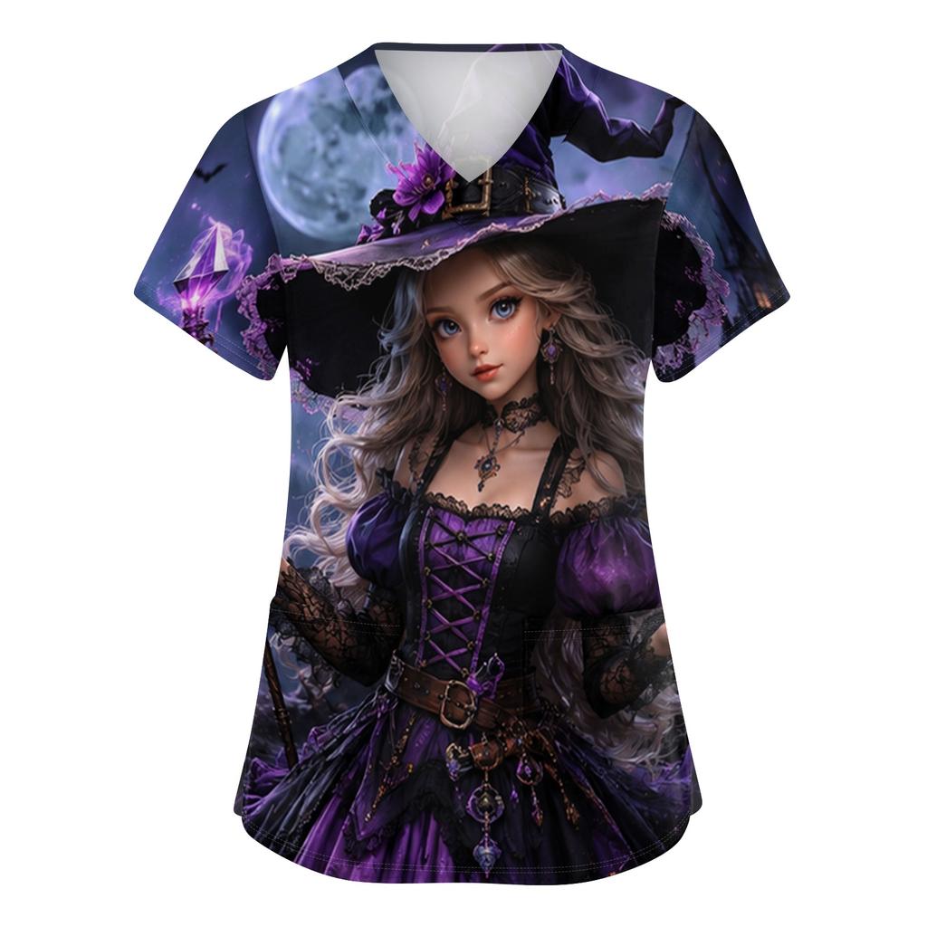 Women's V-Neck Short Sleeve Work Top with Pockets Halloween Print Caregiver Uniform