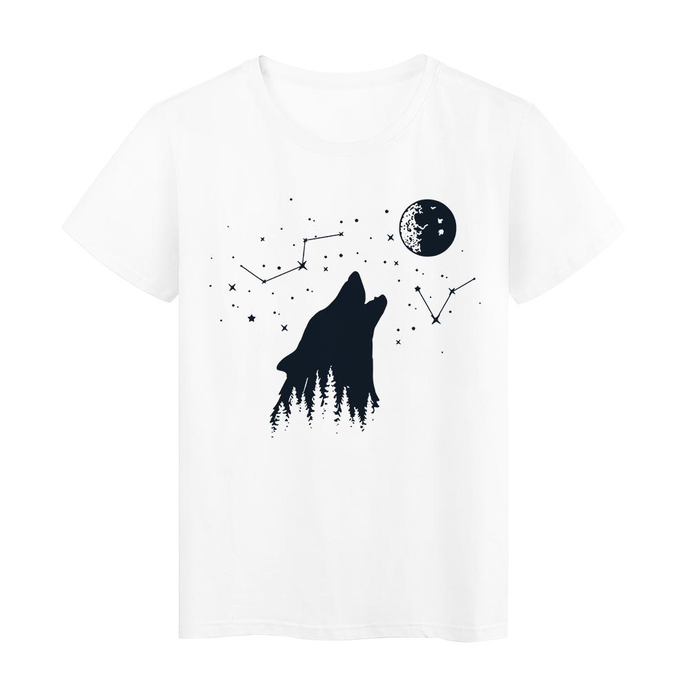 Schwarzer Mond und Wald Grafikbedruckte T-Shirts Damen Kosmische Glaubensserie Kurzarm Vintage Lässiger Stil