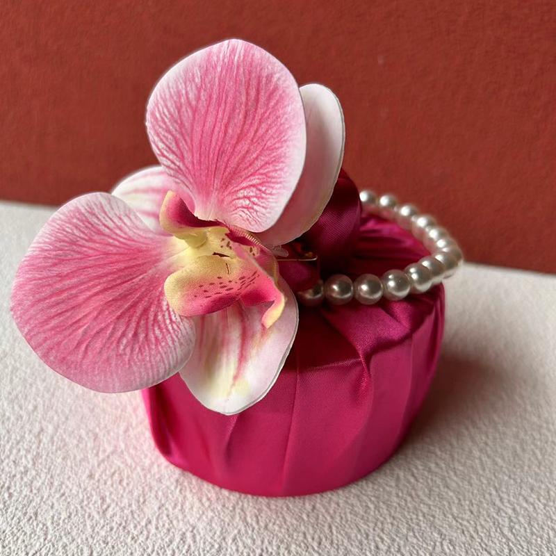 Fabric Flower Knot Bag Satin Silk Orchid Handbag Jewerly Packaging Box Wedding Candy Bag
