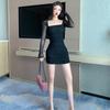 American Spice Girl Black Mesh Splicing Long Sleeve Dress Women's Spring New Slim and Skinny Buttocks Short Skirt