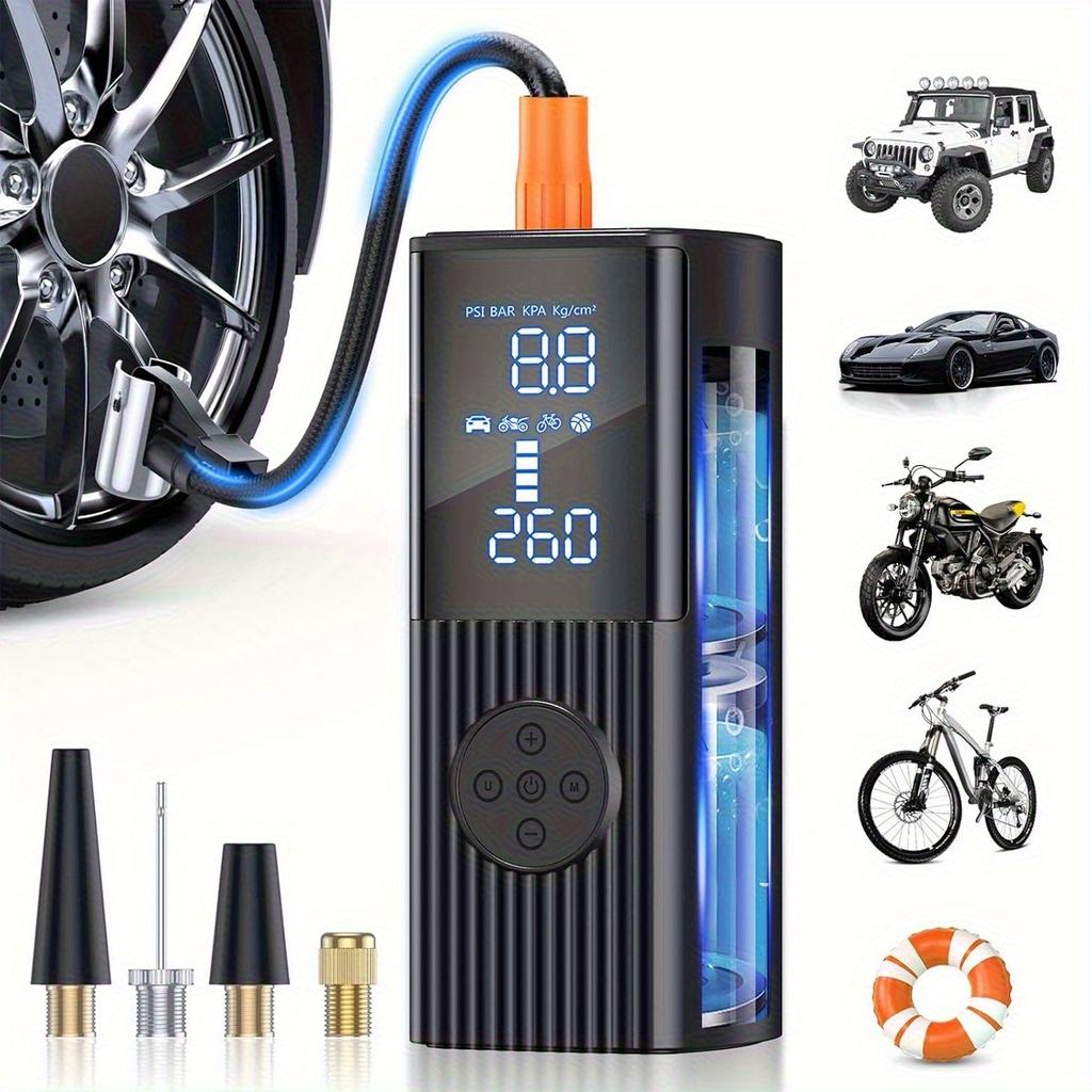 Portable Tire Inflator with Digital Pressure Gauge | 180 PSI, Rechargeable Battery, LED Light, Cordless, Suitable for Cars, Motorcycles, Bicycles