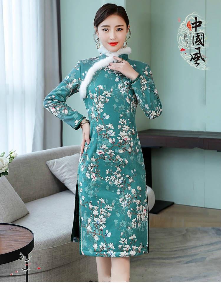 Cheongsam de Haute Qualité Robe Chinoise Vintage Robe à Manches Longues Robe Féminine Qipao Robe Slim Fourreau Hanches P