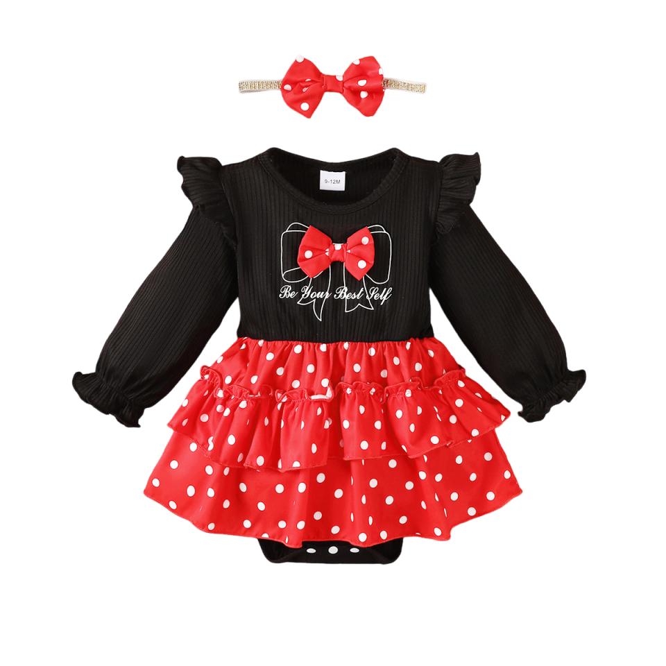 2Pcs Baby Girl Dress Halloween Outfit Set Sweet Cute Ruffle Romper Bow Headband Infant Christmas Clothing Set for 0-18 Months