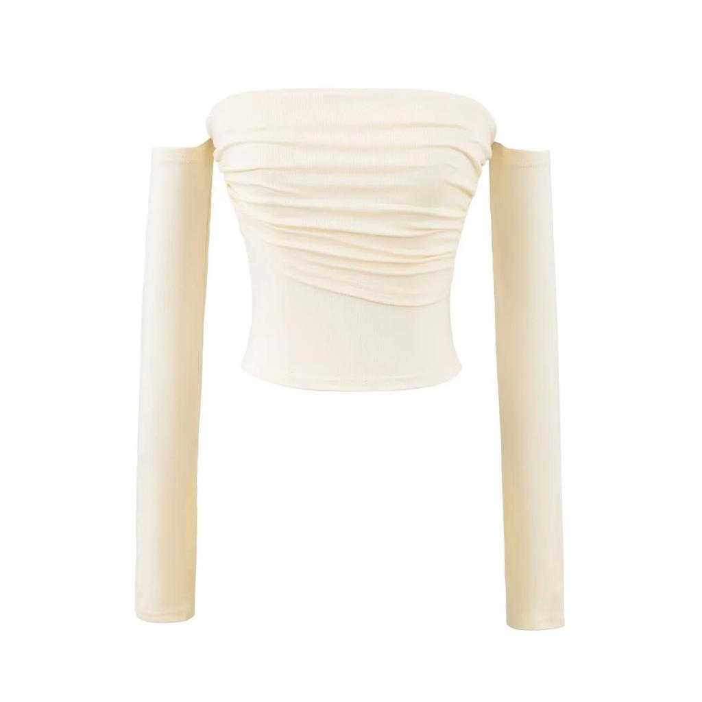 American Spicy Girl One-Shoulder Long Sleeve Pleated Crop Top - Women's Spring/Autumn Sexy Base Layer
