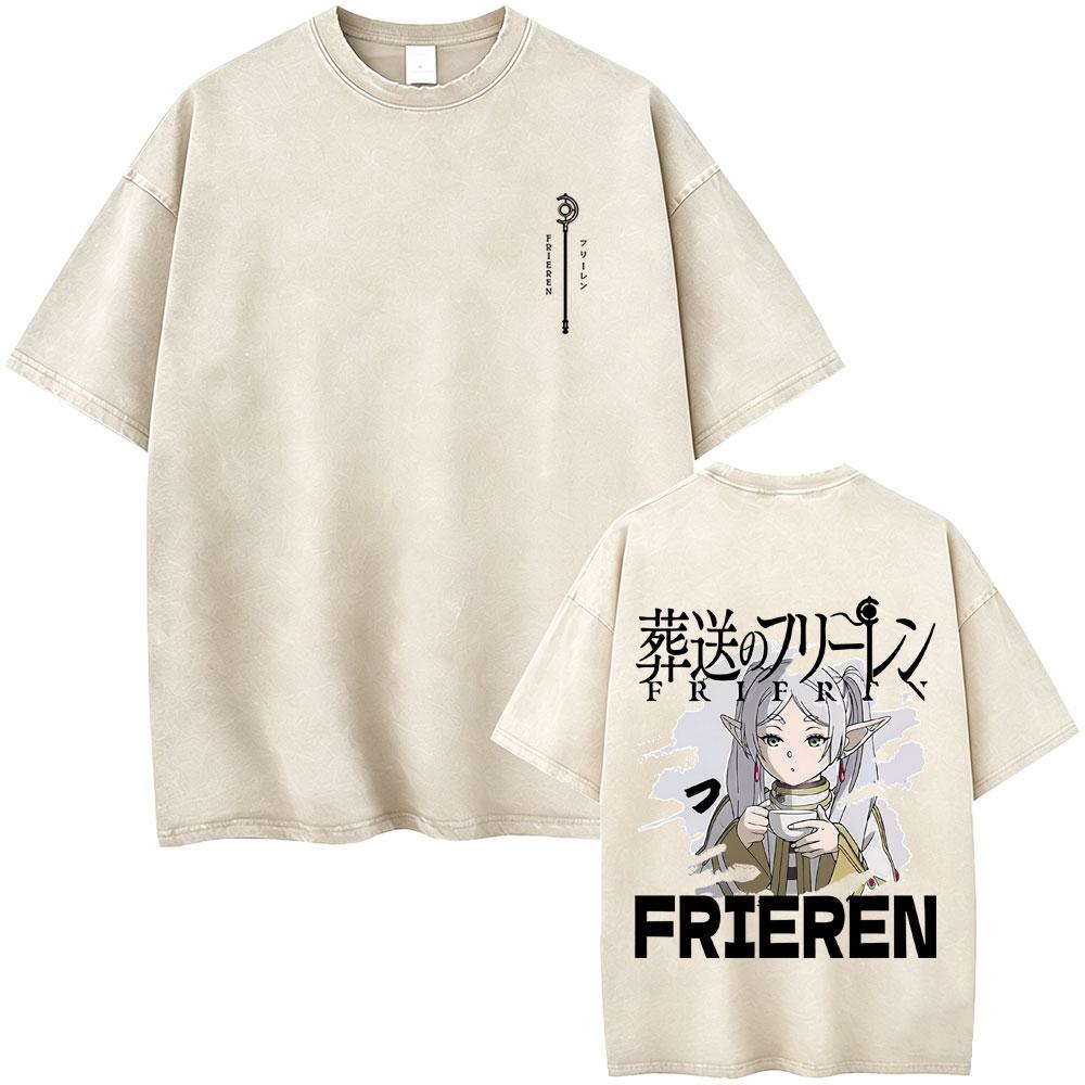 Anime Frieren Beyond Journeys End Frieren Washed Vintage Tshirt Men Women Fashion Manga Tshirts High Quality Cotton T Shirts