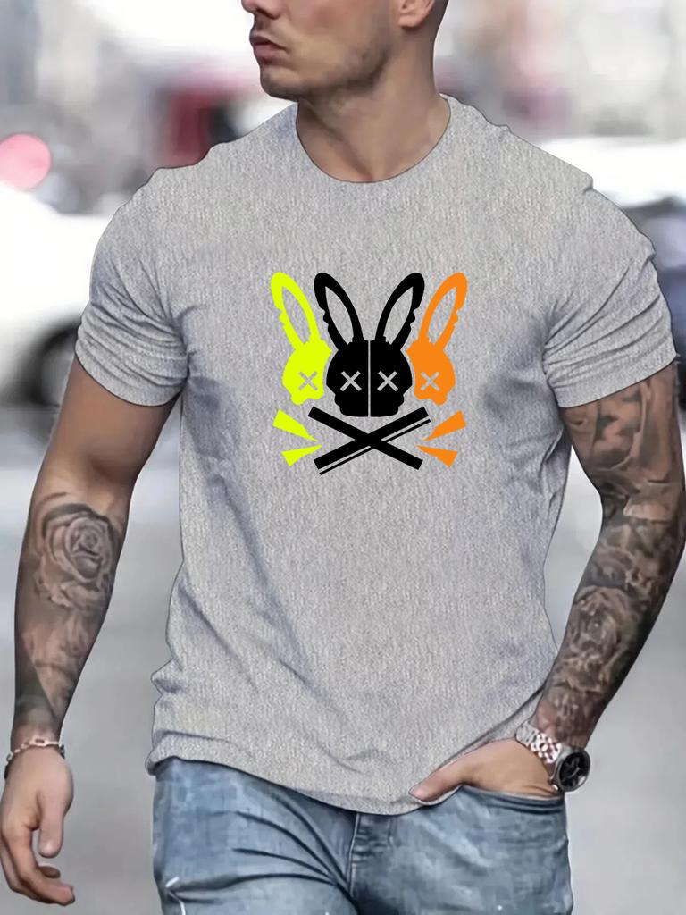 Men's 100% cotton summer loose fit large Rabbit Skull printed slim fit casual sports round neck short sleeved T-shirt