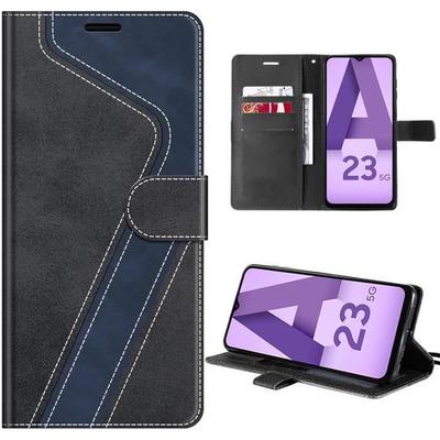 Protective Case - BOOLING - for Samsung Galaxy A23 5G - Abstract 'V' Pattern - Black-Navy Blue - PU Leather
