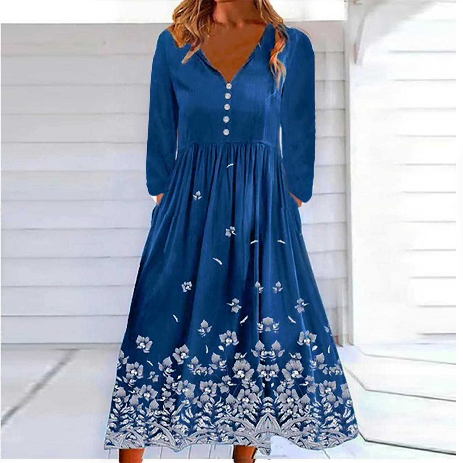 Ladies Casual Fashion Printed V Neck Button Long Sleeve Dress With Pockets L синий