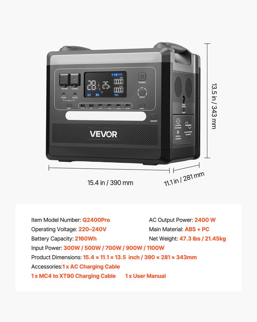 Portable Power Station, 2400W 2160Wh Power Station Solar Generator with 10 Output Ports & Adjustable Input Power, Expandable LiFePO4 Battery Backup