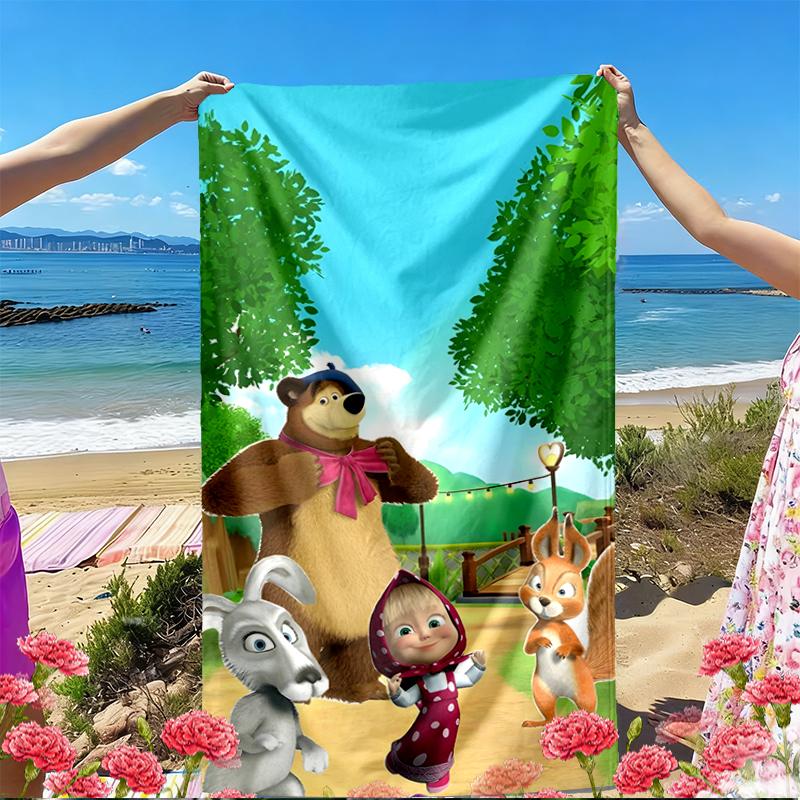 Masha and The Bear Print Beach Towel, Versatile Lightweight Absorbent Beach Towel for Pool Surf Yoga Bathroom, Perfect Birthday Holiday Gift