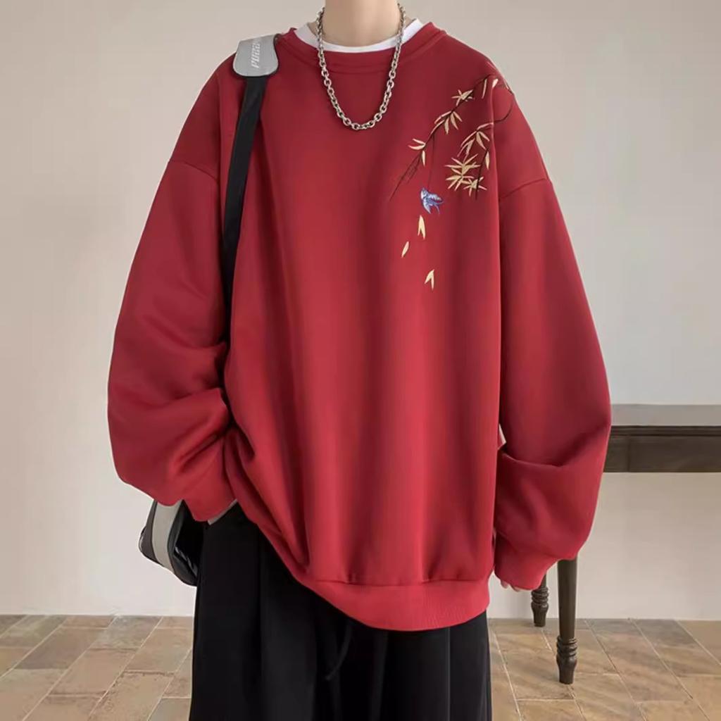 Chinese Bird Print Men Oversized Sweatshirt Fashion Loose Long Sleeve Couple Clothes