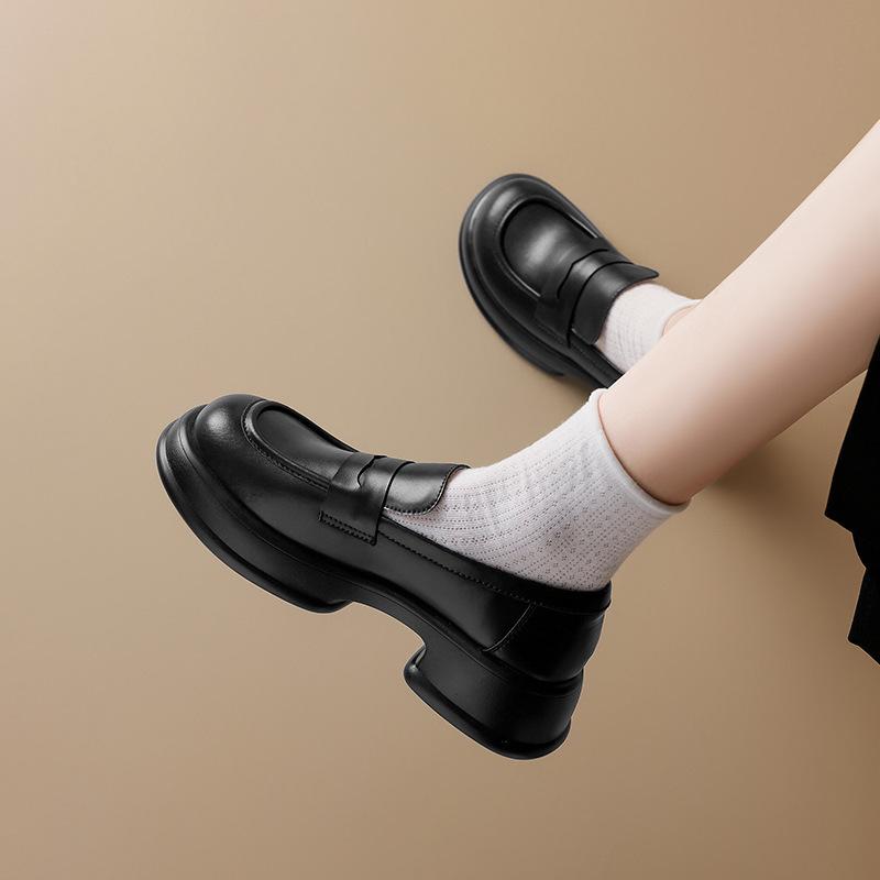 Augustine thick-heeled loafers for women's 2025 new autumn thick-soled British comfortable soft-soled black small leather shoes