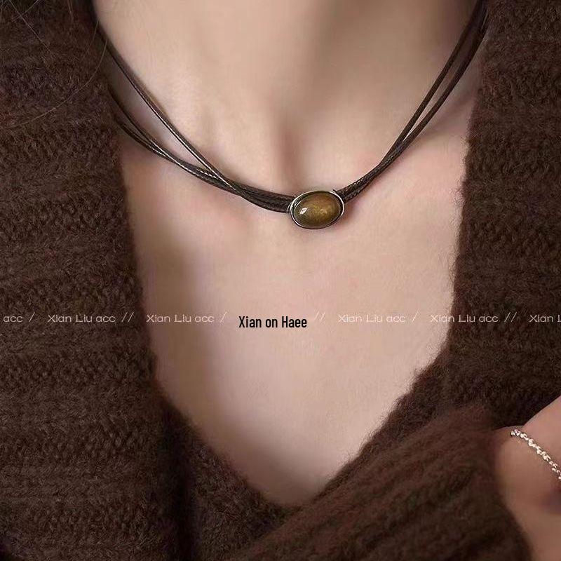 

Вінтажне шкіряне багатошарове намисто з тигровим оком - Жіночий розкішний ланцюжок для светра, аксесуар для ключиці