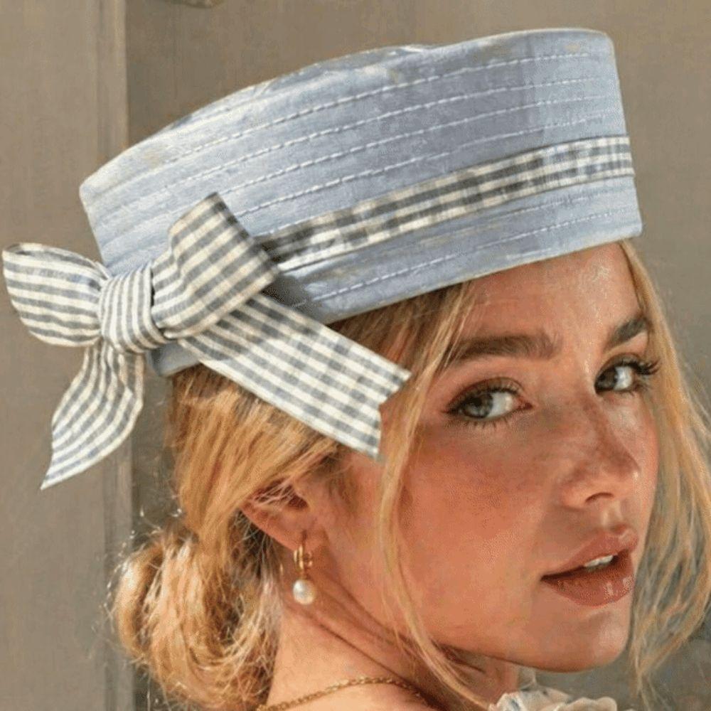 Sweet Bow Strap Sailor Hat Blue Striped Dome Hat Y2K Beret Hat  Rave Festivals