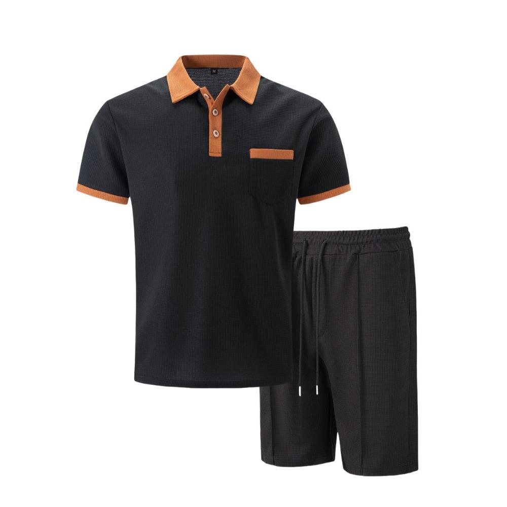 Men's Waffle Collar Color Blocked Short Sleeved Shorts Set