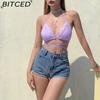 Spring/Summer Women's Versatile Solid-Colour Fleece-Lined Halter Neck Tie-Front Sexy Bandeau Top