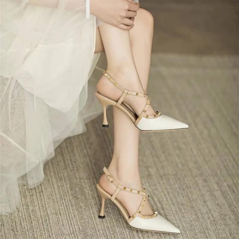 Fashion Women's Sandals Summer New High Heel Pointed Head Rivet Buckle Slippers Casual Temperament Fine Heel Sandals