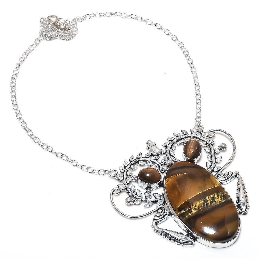 Natural Tiger Eye Gemstone 925 Sterling Silver Jewelry Necklace 18" N9S62