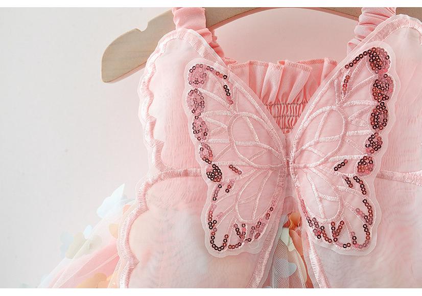 Girls' Summer Spaghetti Strap Mesh Dress with 3D Butterflies - Princess Style