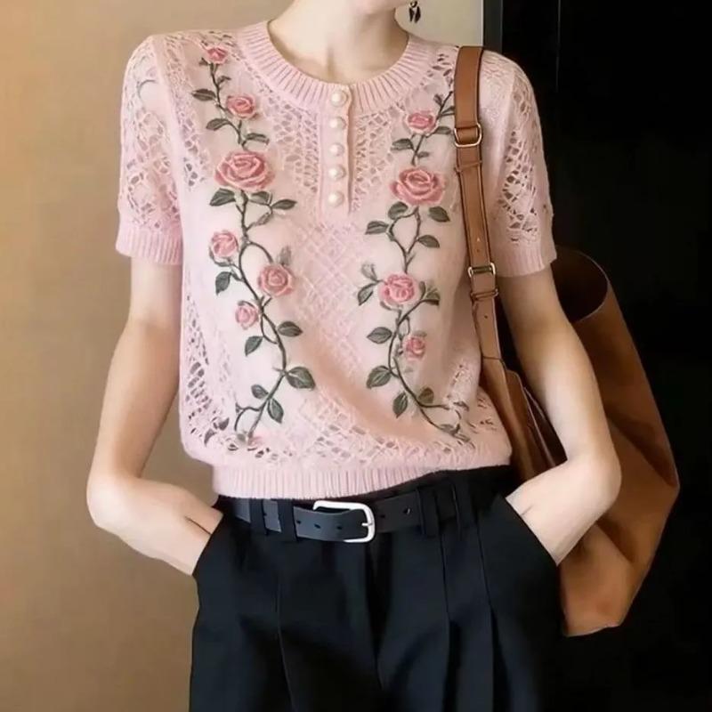 Women's short sleeved round neck rose printed knitted T-shirt for summer, women's new lightweight and breathable top