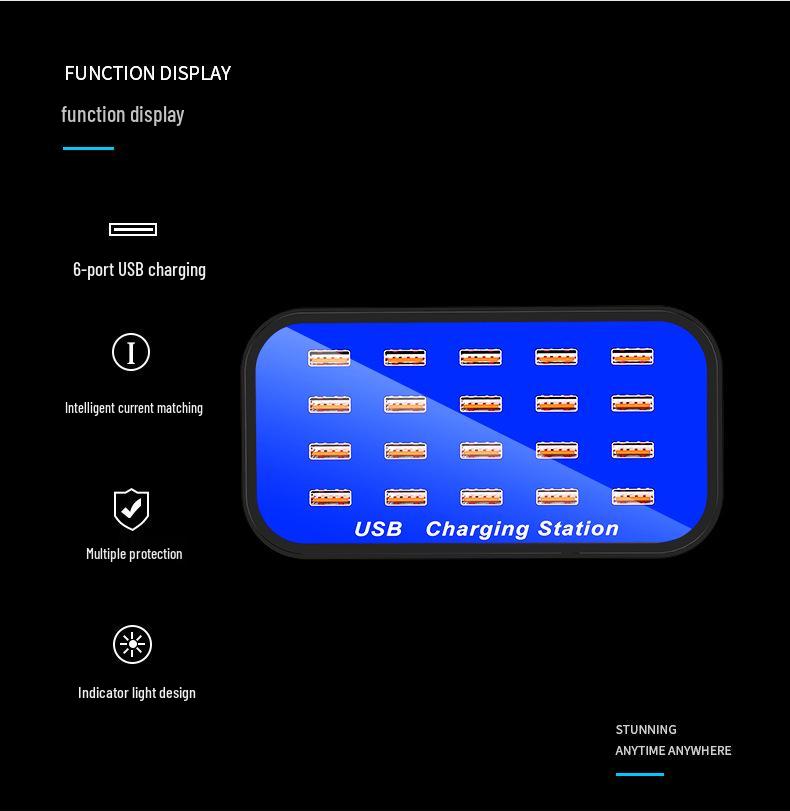 20-Port High-Power Mobile Charger: 5V/2A, 100W Desktop Station