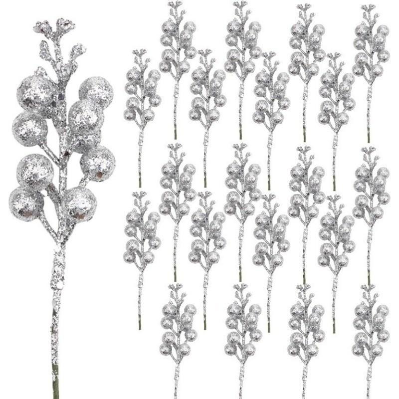 White Christmas Tree Decorations Artificial Flowers Ornaments Berry Stems Hanging Snowflakes for Xmas Tree Party Holiday Decor