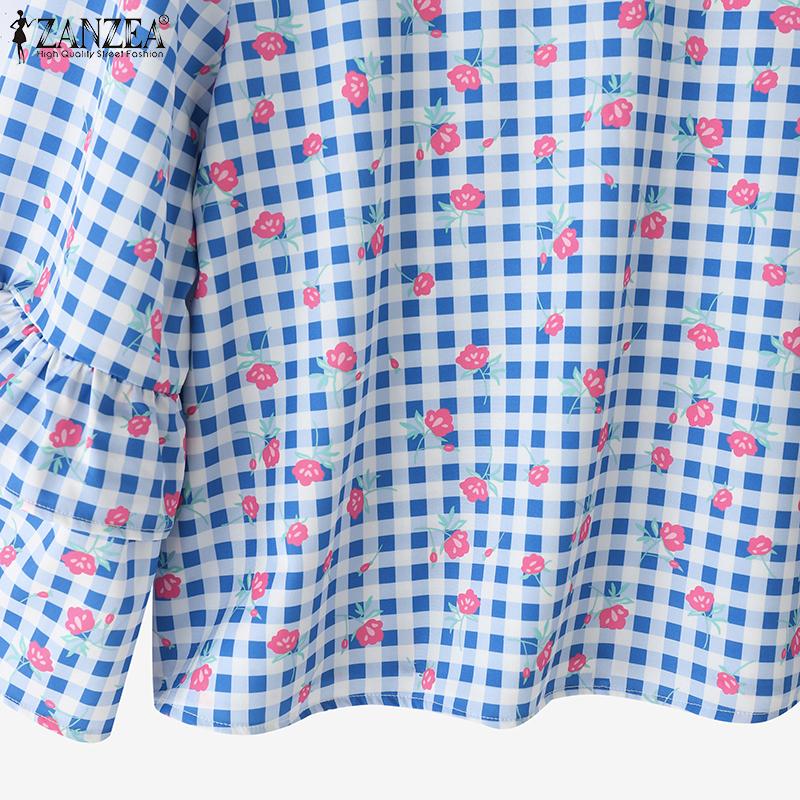 ZANZEA Women Floral Print Casual Round Neck 3/4 Sleeve Loose Plaid Blouse