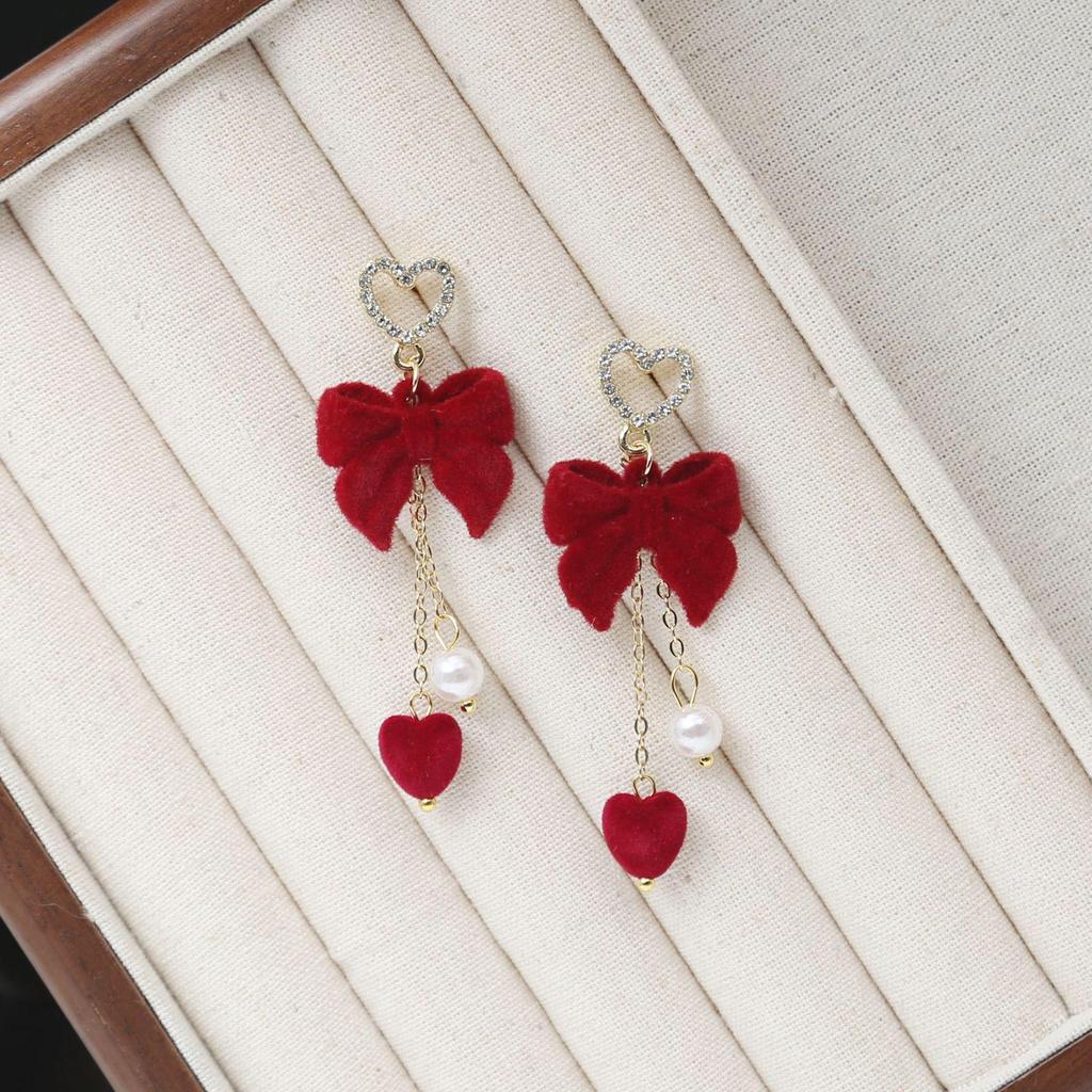 2024 Burgunderrote Ohrringe mit Schleife: Silbernadel, eleganter chinesischer Stil für Neujahr und Frühlingsfest