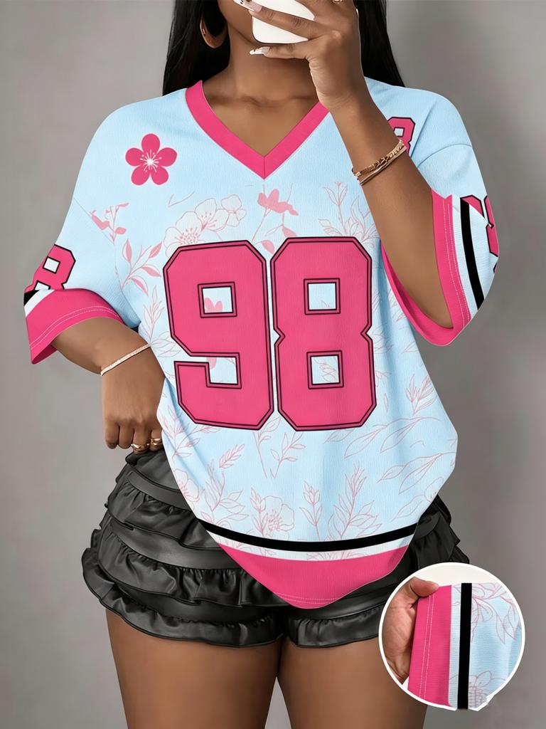 Women's Flower NO.98 Print V-Neck Short Sleeve T-Shirt Summer Graphic Tee Sport Jerseys Plus Size Sport T-Shirt