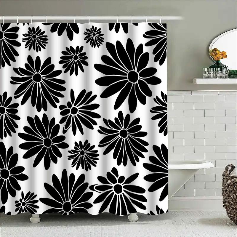 Black White Floral Shower Curtain Bathroom Decor Waterproof Fabric With Hooks Set For Bathtub Or Tub Perfect Gift Idea