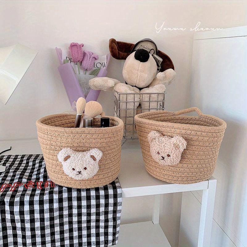 1 PC Cute Woven Rope Storage Basket with Plush Bear Design - Multi Purpose Desktop Storage Box, Modern Style, Rack Basket