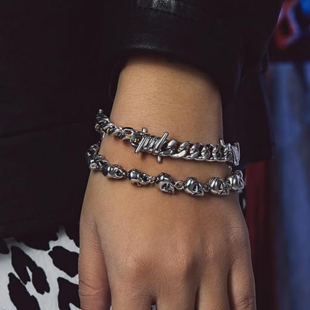 Stainless Steel Thorn Cuban Link Chains Bracelet for Men Women Barbed Wire Chain Bracelets  Adjustable Punk Emo Style Jewelry