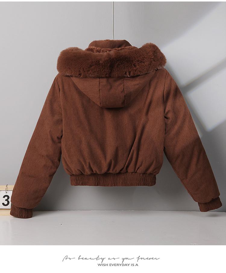 Women's Fleece-lined Cotton-padded Coat with Big Fur Collar Short Thickened Hooded Jacket
