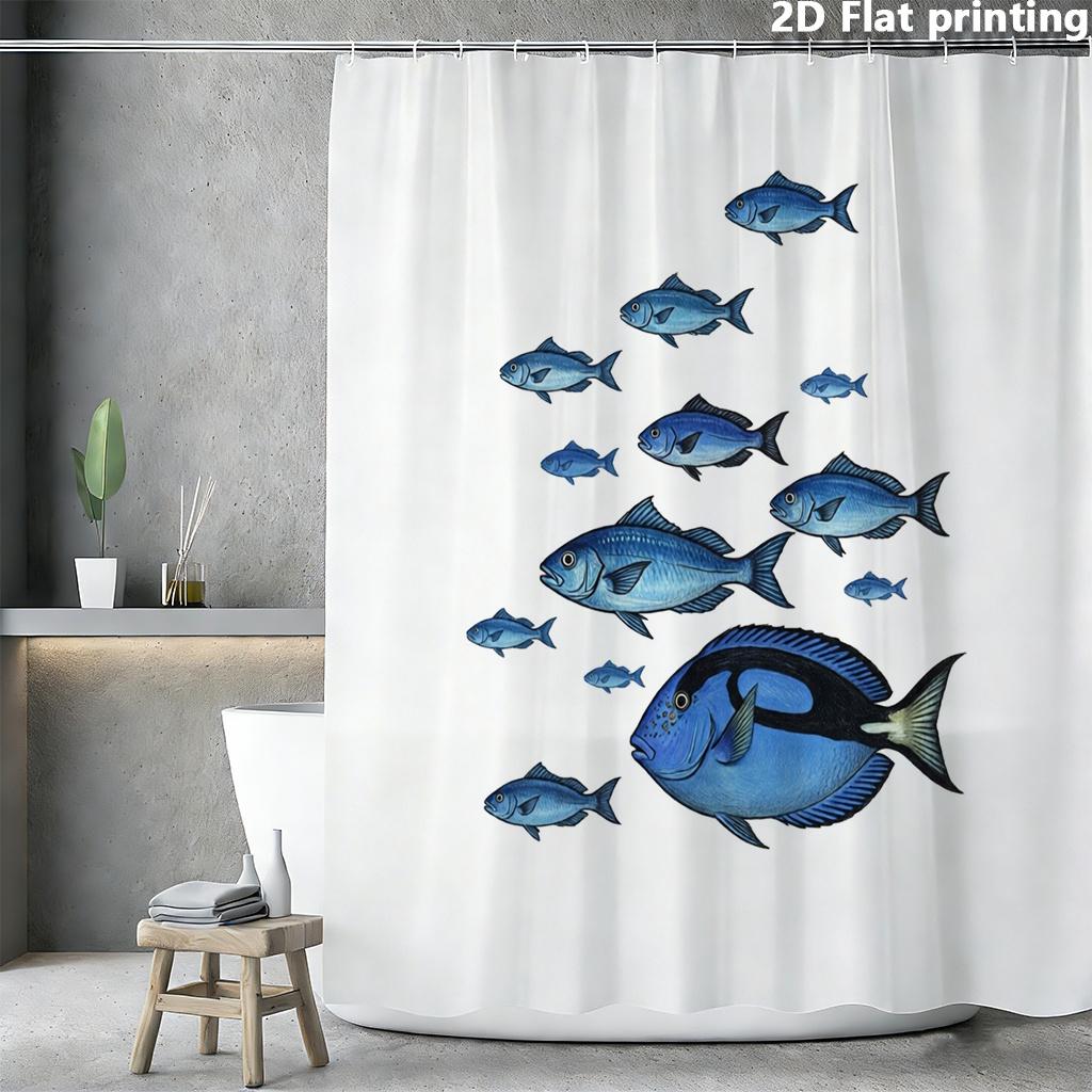 

Blue Fish Shower Curtain 1Pc Polyester 2D Flat Print 70.8X70.8 Oceanic Illustration On White Background W60H190(CM)-1 Pcs