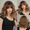 Synthetic Short Wavy Brown Wigs with Bangs Women Layered Hair with Dark Roots Daily Party Costume Heat Resistant Fibre