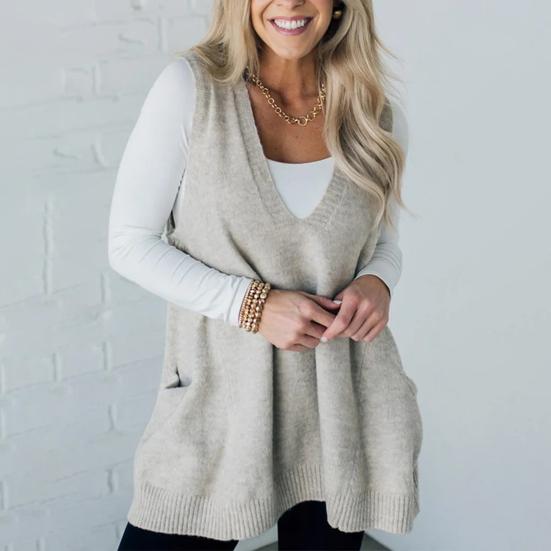 Yousheng Women Sweater V-neck Sleeveless Solid Color Knitting Vest with Pockets Ribbed Trim Loose Fit Mid-length Casual Knitwear