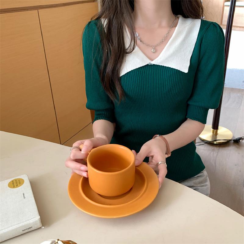 

Модный вязаный свитер с воротником-куклой, женский, дизайн Sense Niche, тонкий, короткий, с рукавами-фонариками, летний топ Tide, повседневный, облегающий, пуловеры, футболки One Size зелёный