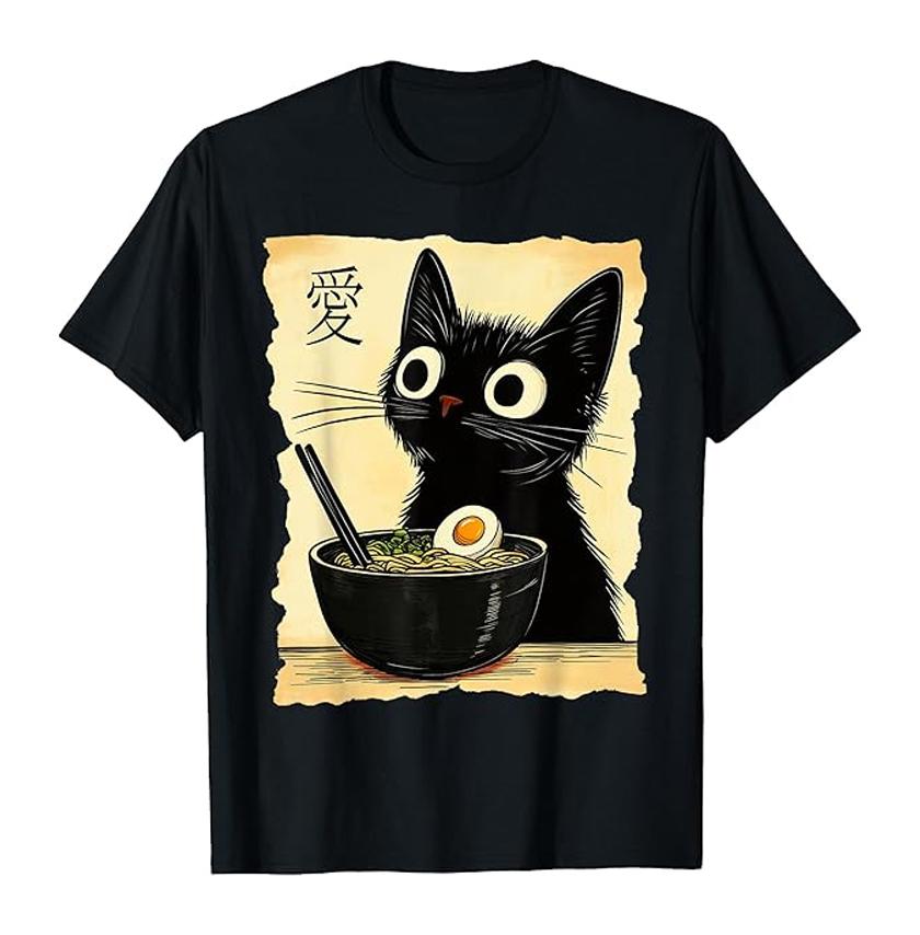 Round Cute Cat Smoke Hot Lamian Noodles Cartoon Printed T-shirt Vintage Pure Cotton Personality Short Sleeve for Men and Women
