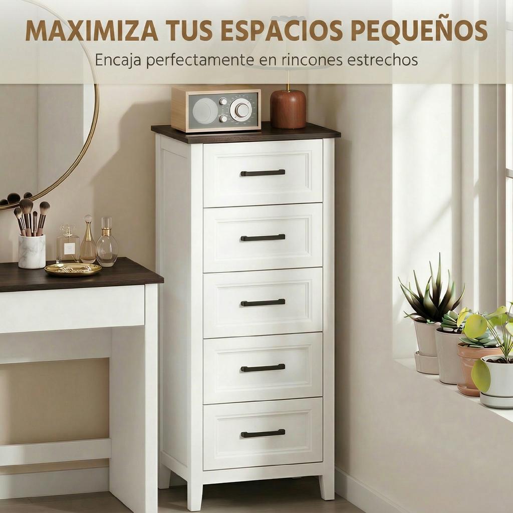 Narrow and Tall Bedroom Chest of Drawers with Wood-Effect Top Dresser for Small Spaces 45x35x106 Cm White