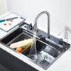 304 Stainless Steel Waterfall Kitchen Sink Faucet Set with Large Single-slot Integrated Digital Display Soap Dispenser 75*45 Cm