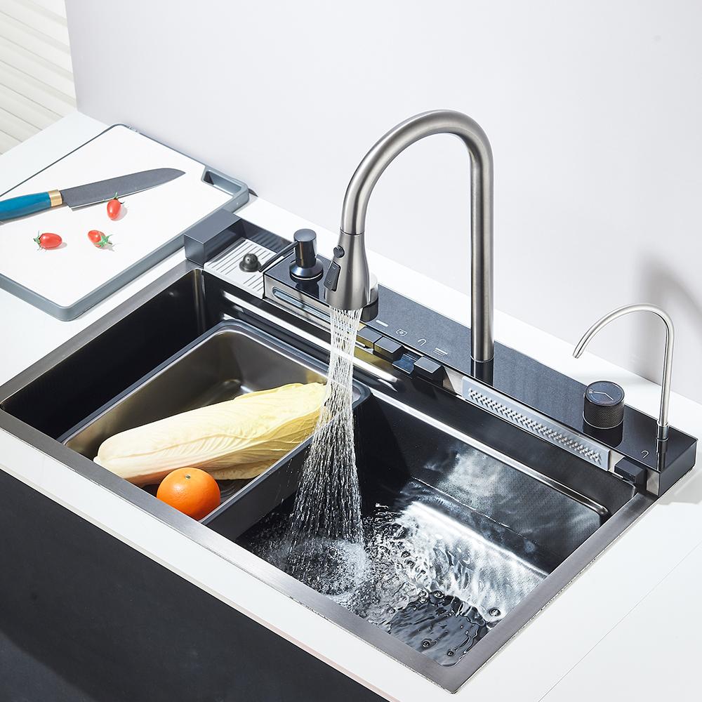 304 Stainless Steel Waterfall Kitchen Sink Faucet Set with Large Single-slot Integrated Digital Display Soap Dispenser 75*45 Cm