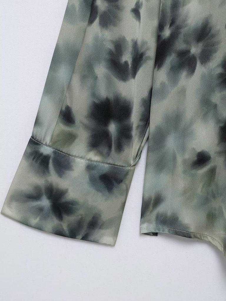 2025 Spring Women's European & American Style Print Silk Satin Long Sleeve Lapel Casual Shirt