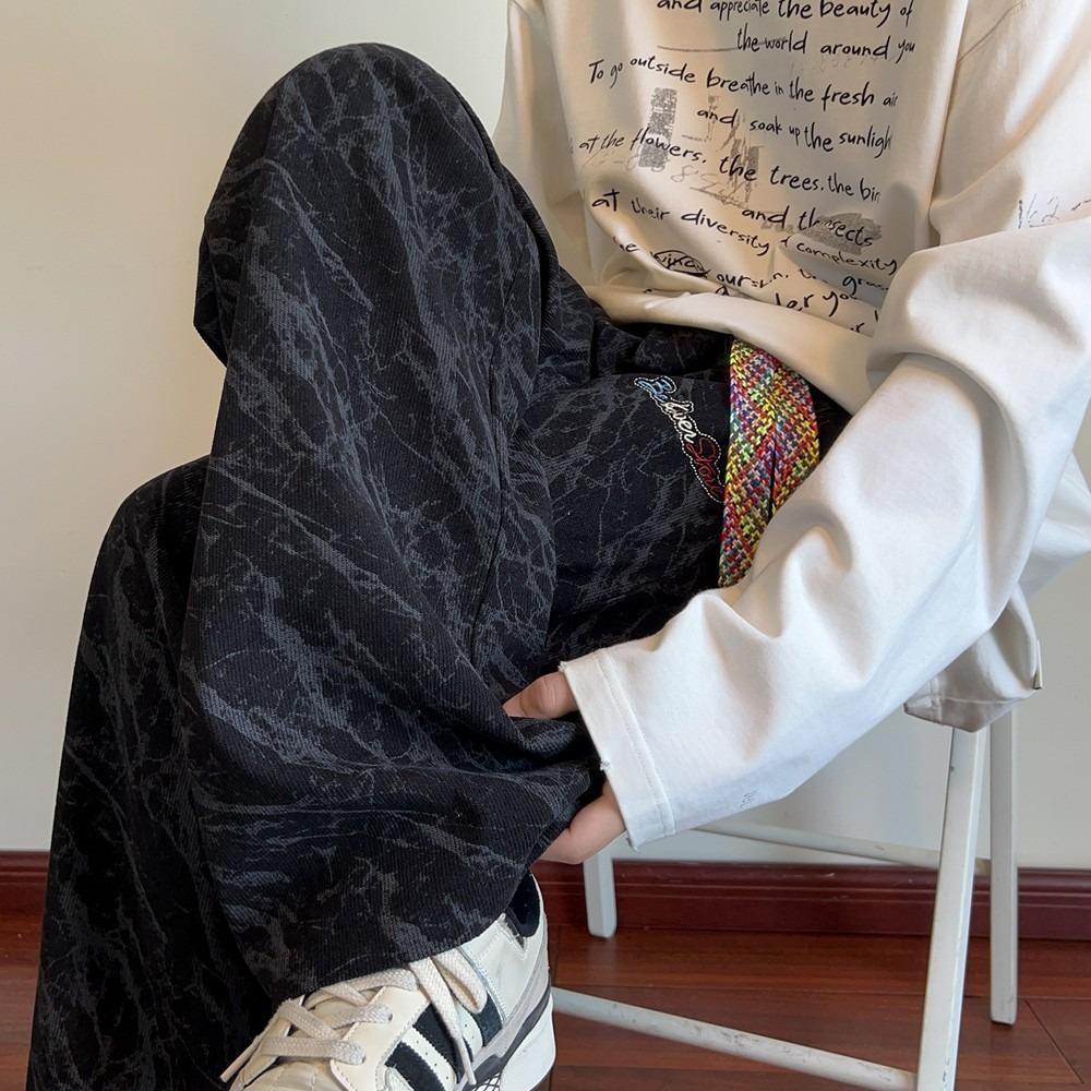 Corduroy Tie-Dye Embroidered Black Casual Pants Men's Trend Teen Loose Straight Pants