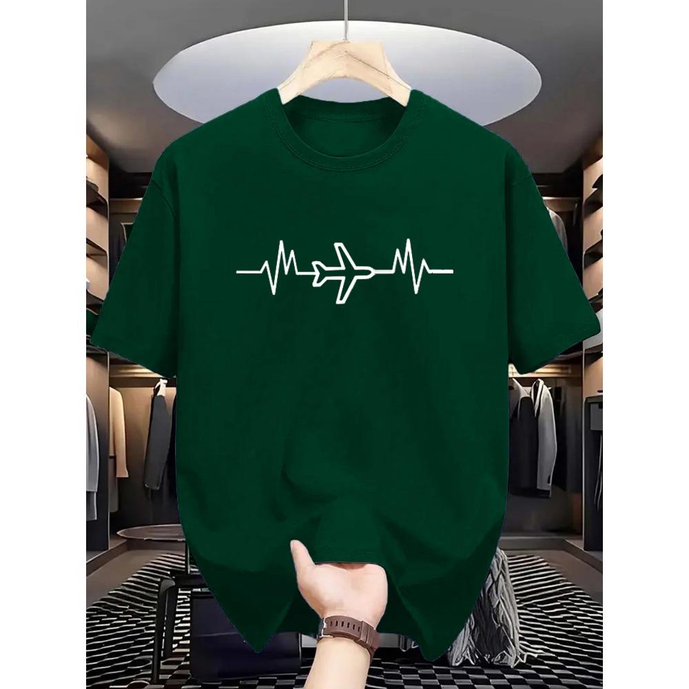 Summer Men's Geometric Airplane Print Fashionable Casual Loose Sports Round Neck Short Sleeved T-shirt Top