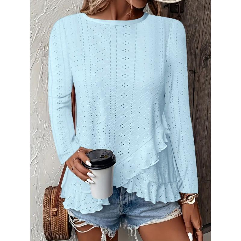 Nye vår- og sommerdameklær og avslappede ensfargede langermede t-skjorter med rund hals